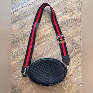 Black Quilted Crossbody Bag with Red and Black Strap